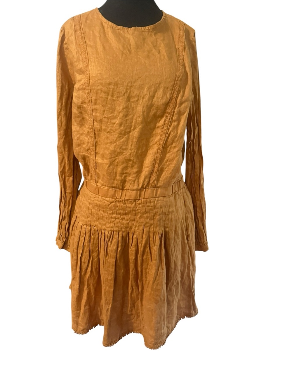 Frieeah Camel Linen Blend Long Sleeve Drop Waist Mini Dress Cottagecore Boho L - Picture 6 of 10